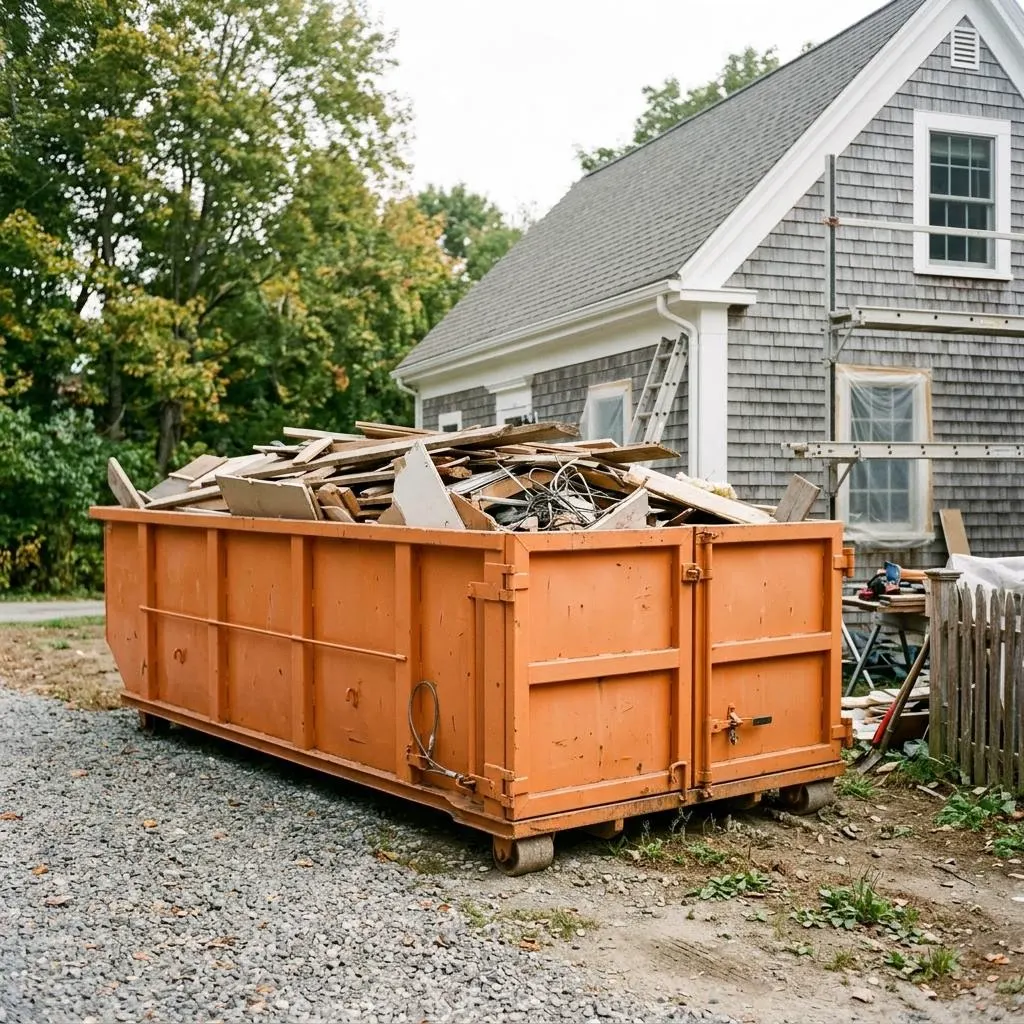 Orange 20 yard dumpster on a residential driveway